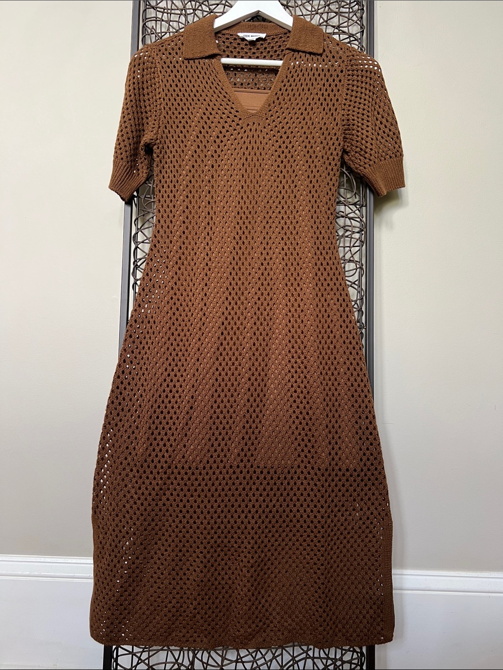 Steve Madden Crochet Polo vneck Bodycon Midi Dress coverup line Choc Brown XS